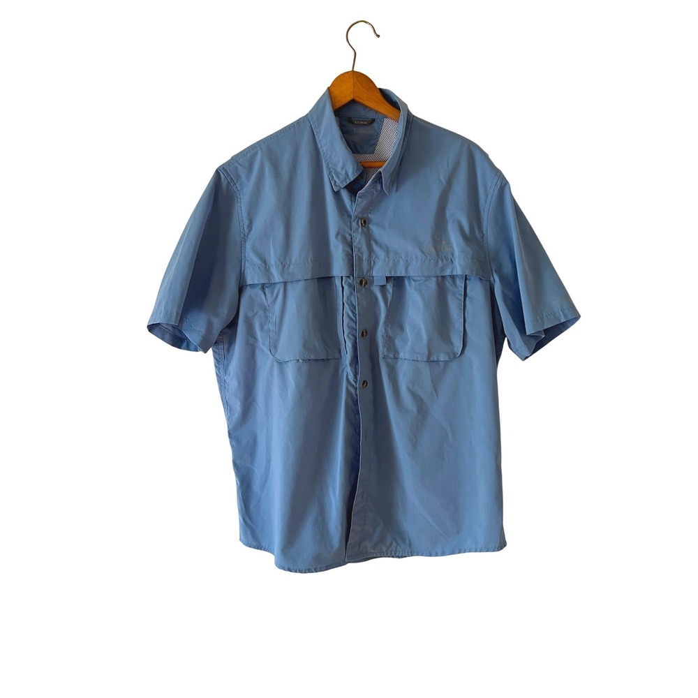 LL Bean Mens Blue Short Sleeve Vented Fishing Shirt Large SPF 50 Outdoor Gorp